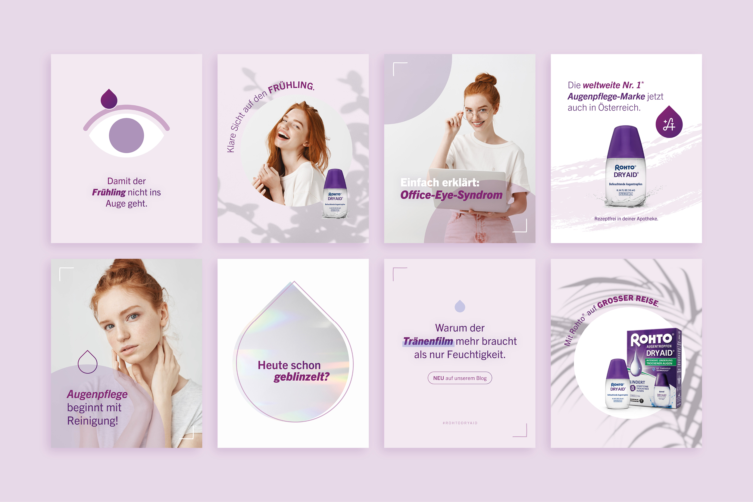 Übersicht über acht Posting-Beiträge für Rohto® Dry Aid® Augentropfen von Sigmapharm. Die Bild-Postings zeigen den Packshot, ein rothaariges Mädchen und Texte, die im Zuge der Erstellung des Designrahmens entwickelt wurden. Copyright © 2025 Olivia Weise, Design & Illustration