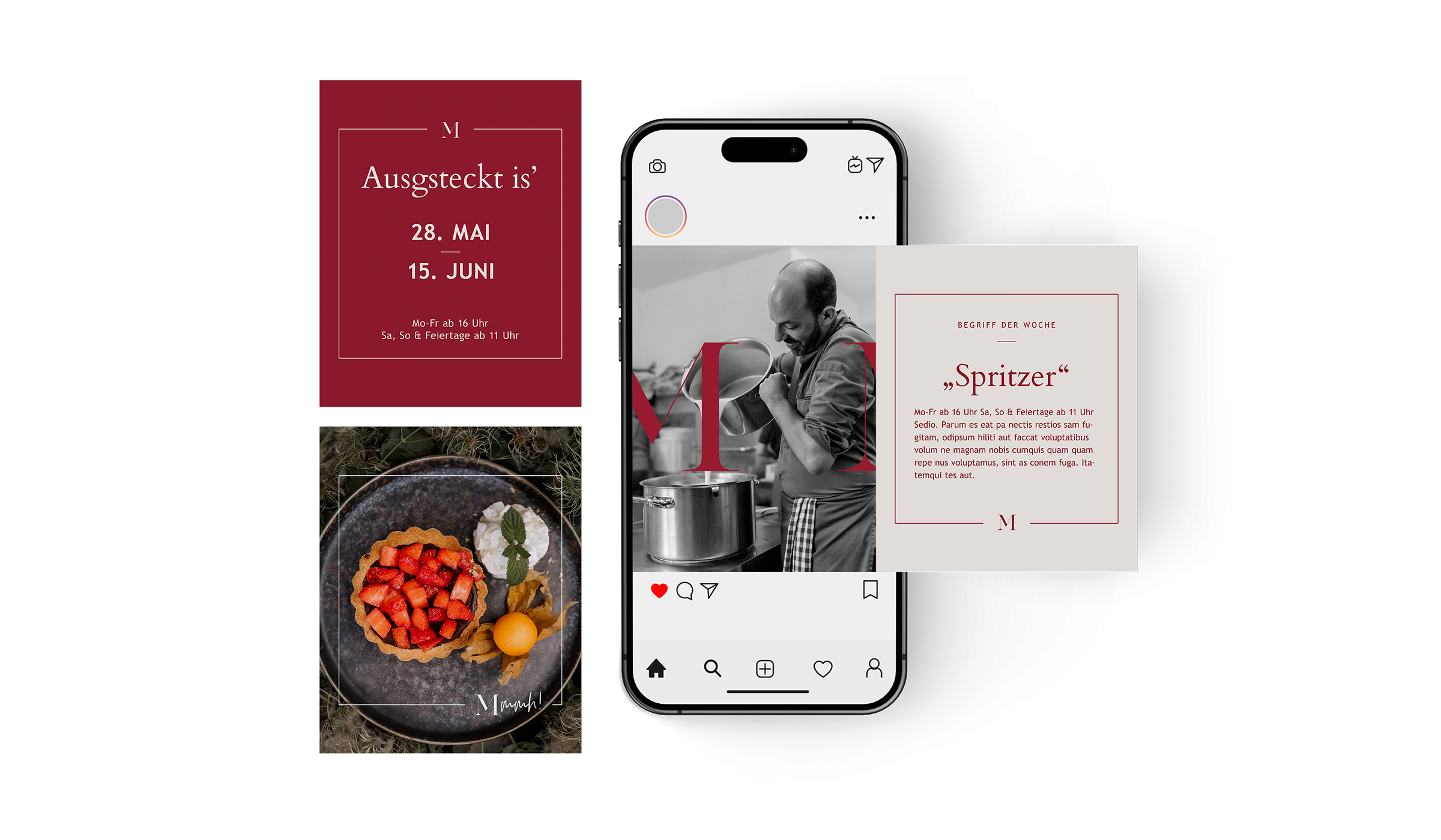 iPhone-Mockup im Hochformat. Darstellung von insgesamt vier Posting-Beiträgen für den Heurigen Musser. Auf den Postings sieht man die Ausgsteckt-Termine, ein Foto (Top-View) einer Erdbeertarte, ein Foto von einem Mann mit roter Schürze und auf dem Bild steht "Mmmh!" sowie ein Posting zum Thema "Spritzer" (Begriff der Woche). Copyright © 2025 Olivia Weise, Design & Illustration