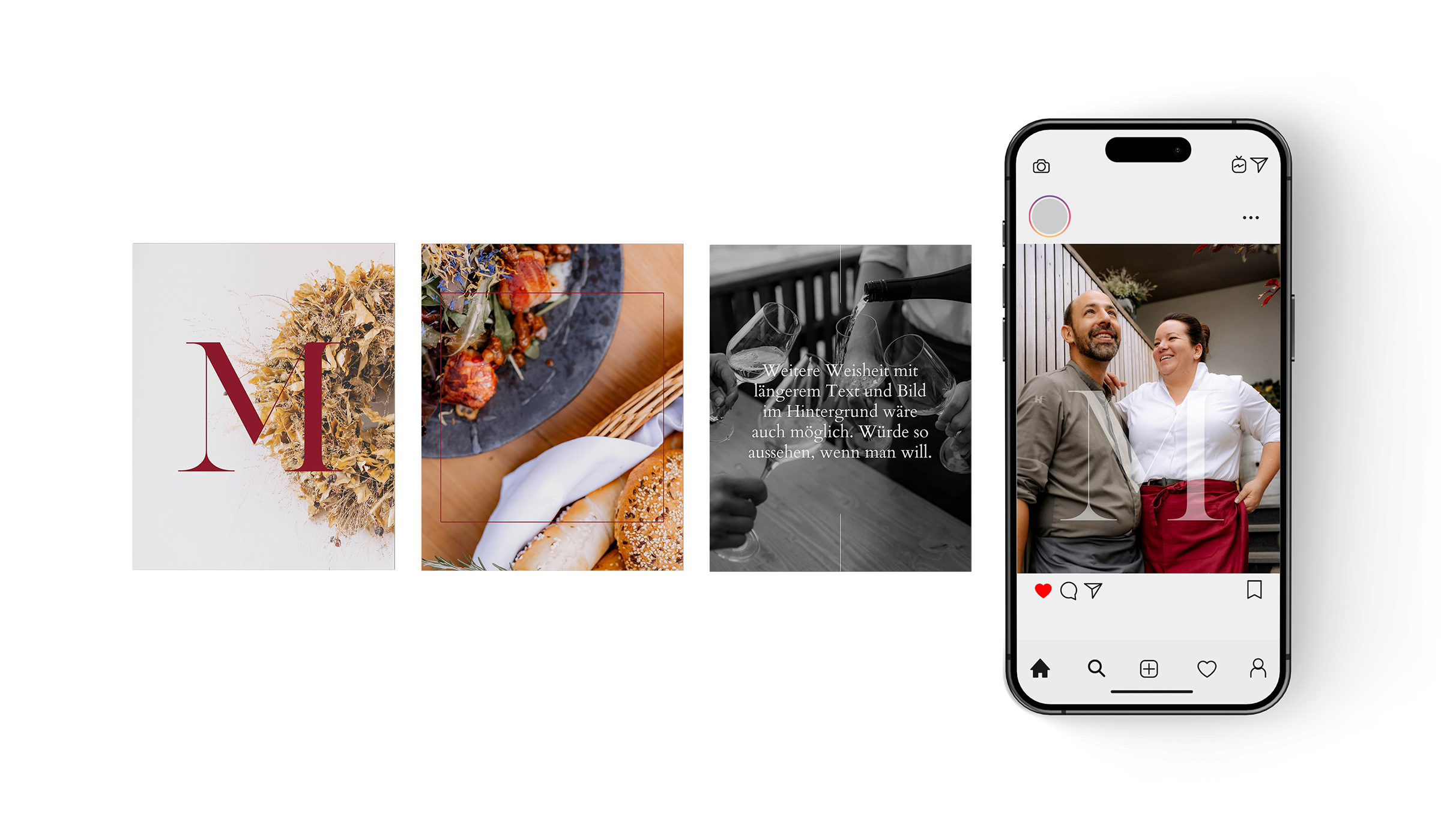 iPhone-Mockup im Hochformat. Darstellung von insgesamt vier Posting-Beiträgen für den Heurigen Musser. Auf den Postings sieht man ein weinrotes M auf eine Foto von einem Kranz aus Trockenblumen, ein Foto (Top-View) einer Jause, ein Foto in Schwarz-Weiß mit Blindtext-Platzhalter ein Foto von Markus und Stephanie Musser. Copyright © 2025 Olivia Weise, Design & Illustration